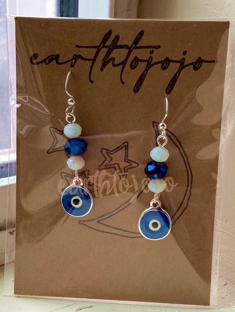 EVIL EYE Silver Plated And Enameled Charm Faceted Glass Beads Double Sided Silver Plated Dangle Earrings