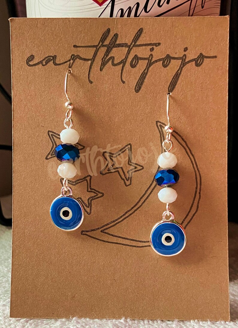 EVIL EYE Silver Plated And Enameled Charm Faceted Glass Beads Double Sided Silver Plated Dangle Earrings