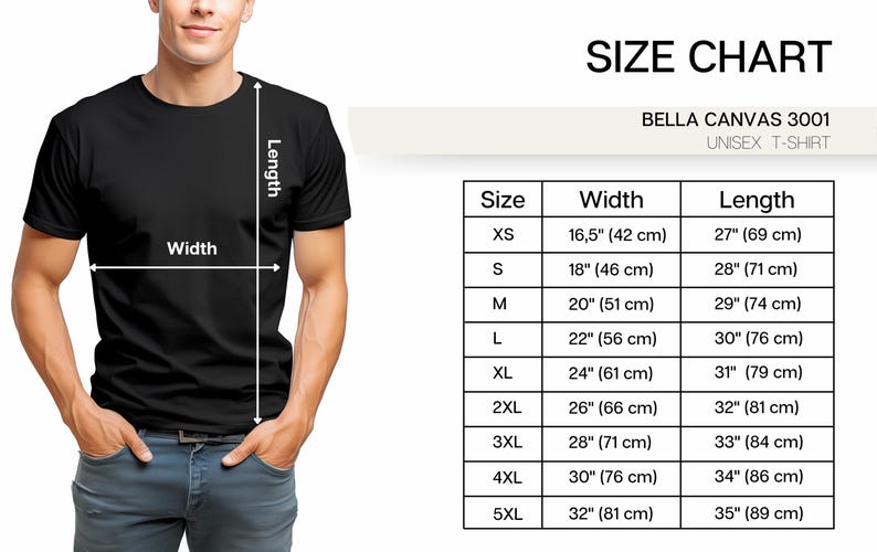Puede incluir: Una camiseta negra con una tabla de tallas para camisetas unisex Bella Canvas 3001. La tabla enumera las tallas XS a 5XL, con medidas de ancho y largo en cent&iacute;metros.