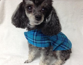 May include: A small, gray and white dog wearing a blue and teal plaid shirt. The dog is sitting on a white surface.