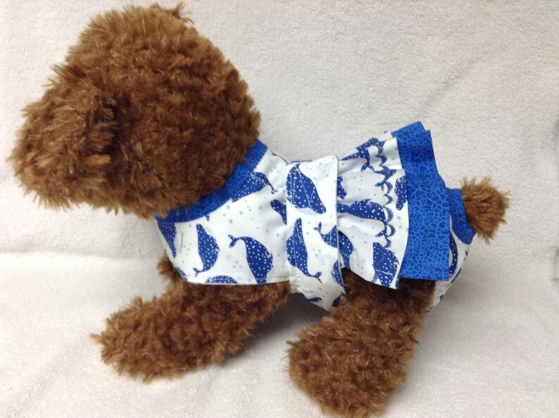 Female Dog Diaper Dress One Piece Pet Wrap Romper Bodysuit Overall Bitches Britches Doggie Pants Size xSmall To Large Aquatic Nautical Whale