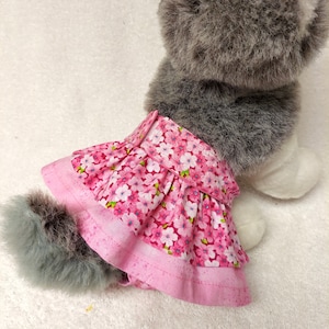 May include: A pink and white floral print skirt with a ruffled hem. The skirt is made of cotton fabric and has a comfortable fit. It is perfect for dressing up your pet for special occasions.