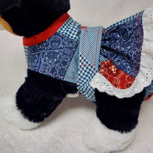 May include: A blue and red bandana print dog dress with white lace trim. The dress is made of a patchwork fabric with a blue and white gingham pattern.