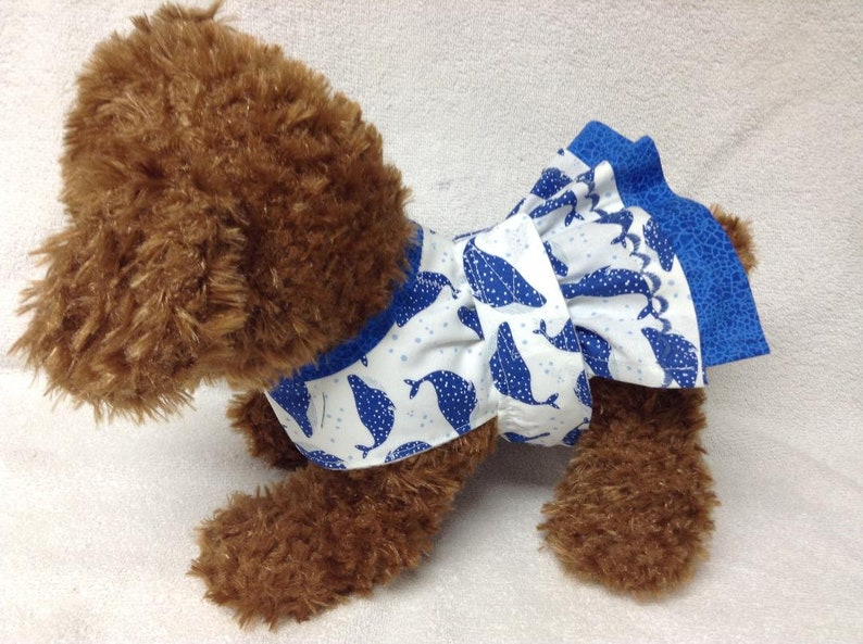 Female Dog Diaper Dress One Piece Pet Wrap Romper Bodysuit Overall Bitches Britches Doggie Pants Size xSmall To Large Aquatic Nautical Whale