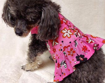 Dog Harness Vest Pet Puppy Retro Hot Pink Floral With Mini Ruffle 100% Cotton