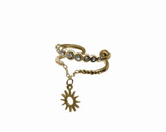 Anillo ajustable con dije de sol en oro o plata, joyería resistente al agua
