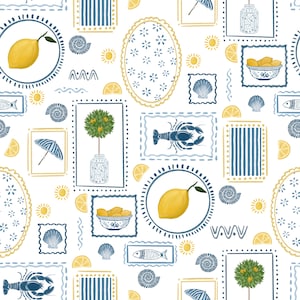 May include: A seamless pattern featuring a variety of blue and yellow illustrations, including lemons, seashells, fish, lobsters, and lemon trees. The illustrations are framed in blue and yellow borders.