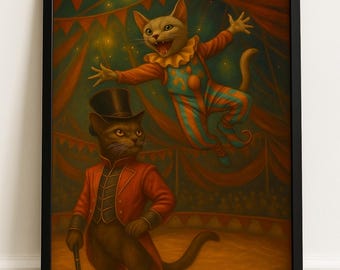 Lex & Winston Circus Art Print — Digital Download, Cat Ringmaster and Acrobat Printable Decor