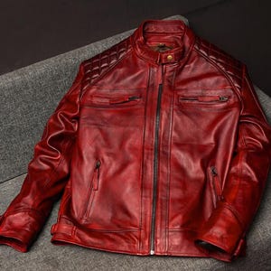 Men&#39;s Handmade Vintage Style Burgundy Red Leather Jacket | Men Motorcycle Biker Style Diamond Quilted Leather Jacket | Red Party Jacket