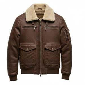 Men’s Brown Leather Bomber Jacket with Real Shearling Fur Collar – Vintage Aviator Flight Jacket – Warm Winter Outerwear