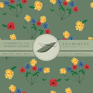 Pode incluir: Um padrão sem costuras com flores desenhadas à mão em amarelo, azul e vermelho sobre um fundo verde sálvia. O texto diz COMMERCIAL USE SEAMLESS PATTERN, LE CRIQUET, pattern by jucook, RGB / PNG / JPEG / 300 dpi e 30,48x30,48 cm.