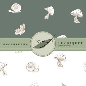Cottagecore mushroom seamless pattern, line and paste-up art of snail and butterfly for a forest fabric design and goblincore aesthetic