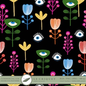 Op de afbeelding: Een naadloos digitaal patroon op een zwarte achtergrond met gestileerde bloemen in oranje, blauw, geel en roze, afgewisseld met blauwe en witte oogmotieven. Een rechthoekig label onderaan toont LE CRIQUET pattern by jucook.