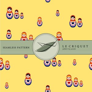 May include: A seamless pattern on a yellow background featuring various sizes of matryoshka dolls with blue or red heart motifs. A central horizontal grey band displays the text SEAMLESS PATTERN, LE CRIQUET, pattern by jucook, and a logo.