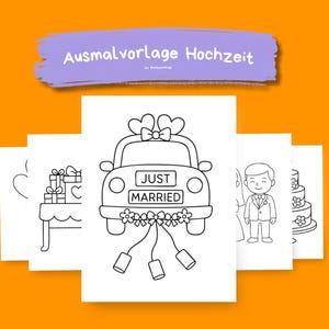 May include: A collection of black and white line art illustrations for coloring, featuring wedding-themed images. The central image shows a car with a "Just Married" sign, hearts, and flowers. Other images include a cake and a bride and groom.