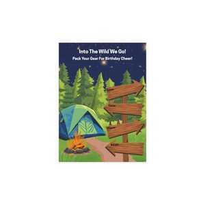 Campingverjaardagsuitnodiging met enveloppen, rustieke feestartikelen voor buiten, briefpapier voor evenementen met campingthema, avontuur
