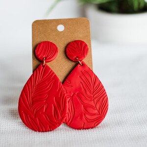 Red lightweight, botanical textured handmade polymer clay dangle Boho earrings