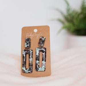Faux stone - mint/black/silver -  lightweight, handmade polymer clay, Boho dangle earrings