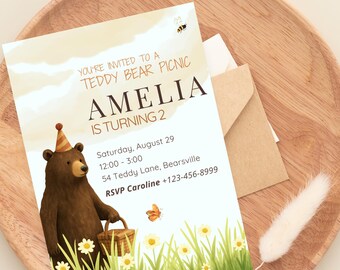 Teddybär-Picknick-Geburtstagseinladung: Bearbeitbare Mädchen-Party einladen (Digital Download Vorlage)