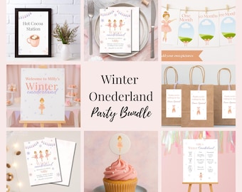 May include: A selection of party supplies with a winter theme. Includes invitations, signs, cupcake toppers, gift bags, and decorations. The theme is "Winter Onederland" with ballerina illustrations and the text "Hot Cocoa Station".