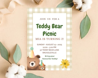 Teddybär-Picknick-Geburtstagseinladung: Bearbeitbare Kinderparty-Einladung (digitaler Download)