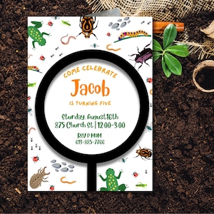 Invitación de cumpleaños de insectos para niños, plantilla editable para fiesta de insectos, temática de jardín de acuarela, invitación imprimible para niños o niñas, descarga instantánea