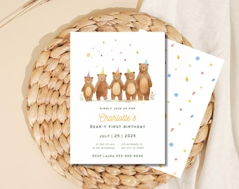 Invitación de cumpleaños con picnic de ositos de peluche: Plantilla editable de Canva (descarga digital, 13 x 18 cm)
