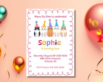 Cat Birthday Invitation Template: Editable Kids Party Invite (Instant Download)