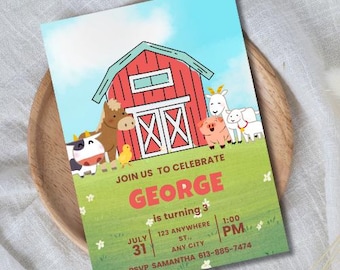 Farm Birthday Invitation: Barnyard Animals, Editable Canva Template (Digital Download)