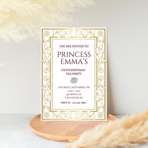 Purple and gold princess tea party birthday invitation for girls, editable template, perfect royal celebration invite