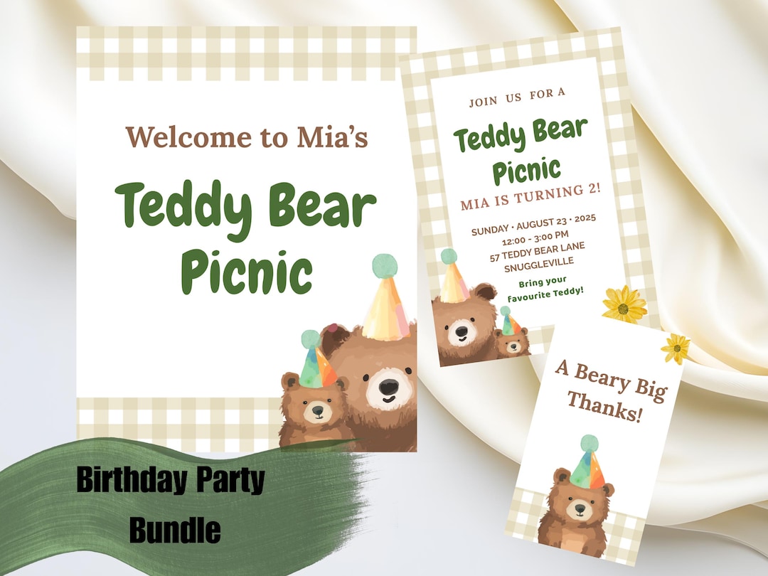 Teddy Bear Picnic Birthday Party Bundle: Editable Canva Template ...