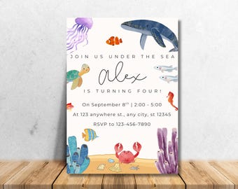 Invito di compleanno "Sotto il mare": animali dell'oceano acquerellati (modello Canva)