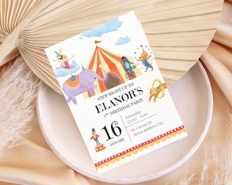 Carnival Birthday Invitation: Watercolor Circus Animals (Digital Download)