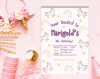 Unicorn Birthday Invitation: Rainbow Party, Editable Digital Invite (Digital Download)
