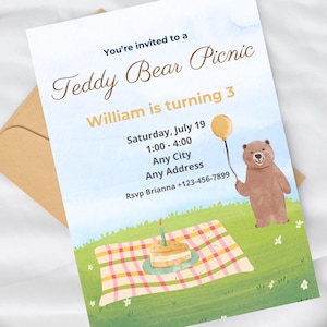 Faire-part d'anniversaire pique-nique ours en peluche - modèle de fête d'enfants modifiable - invitation numérique ours mignon - carte d'anniversaire pique-nique imprimable