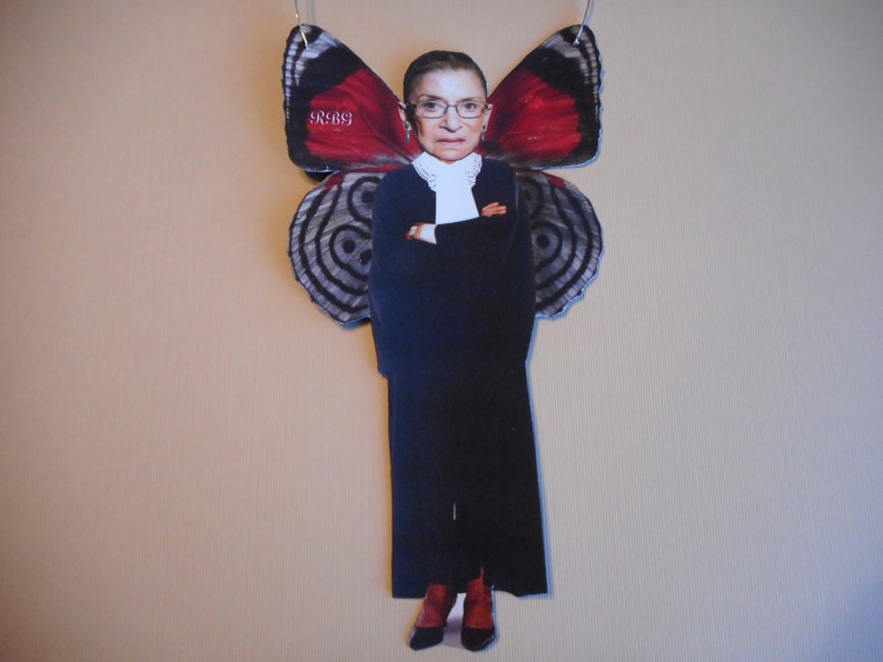Mixed Media RBG Ruth Bader Ginsburg altered photo on wire Fairy angel ornament