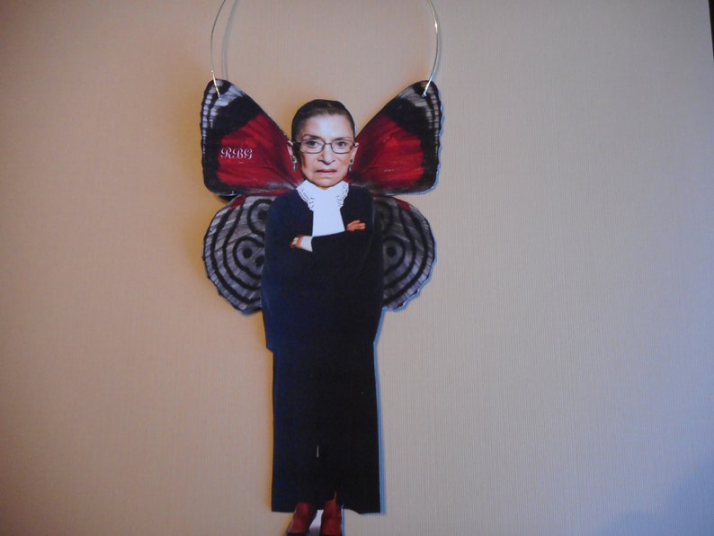 Mixed Media RBG Ruth Bader Ginsburg altered photo on wire Fairy angel ornament