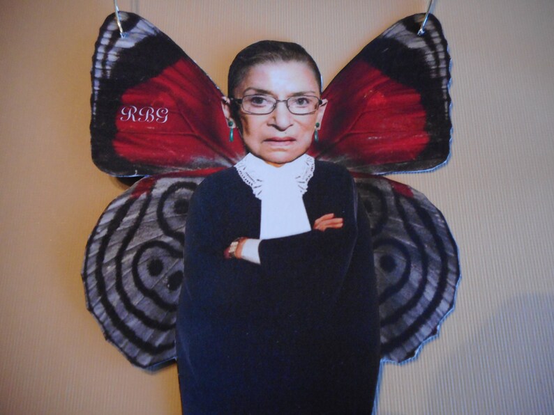 Mixed Media RBG Ruth Bader Ginsburg altered photo on wire Fairy angel ornament