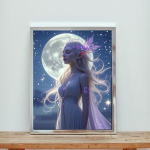 Elf Goddess, Lunar Moon, Stars, Digital Art, Downloadable