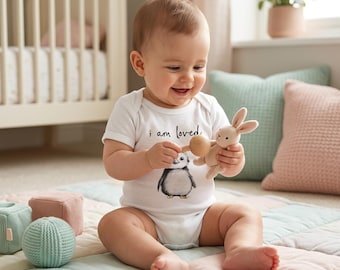 Body de algodón orgánico "Soy amado" de Eric el Pingüino / Body de bebé con afirmaciones positivas / Regalos conscientes