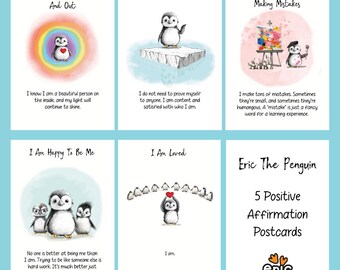 Postales de Eric el Pingüino (paquete de 5) – Impresiones inspiradoras que inspiran confianza y positividad