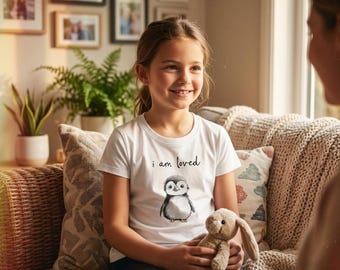 Camiseta infantil de algodón orgánico con estampado de pingüino y mensaje "Soy amado" (de 2 a 12 años)