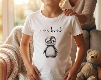 Camiseta infantil de algodón orgánico con mensaje de pingüino / "Soy amado"