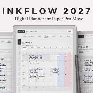 Puede incluir: Tres pantallas de tableta digital que muestran el planificador digital Inkflow 2027 para Paper Pro Move. Las pantallas muestran una vista de calendario mensual para enero, un horario semanal y una lista de tareas con notas manuscritas.