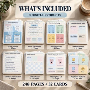 Può includere: Una raccolta di 8 prodotti digitali tra cui ADHD Iceberg, Size of the Problem, Regulation Zones, Time Management, Assertive Communication, ADHD Planner, Flipping Your Lid e Regulation Flashcards, per un totale di 248 pagine e 32 carte.