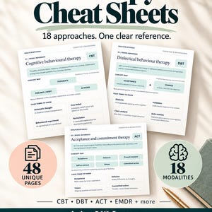 May include: Therapy Cheat Sheets with 18 approaches and 48 unique pages. Includes Cognitive behavioural therapy, Dialectical behaviour therapy, and Acceptance and commitment therapy. Features A4 and US Letter formats, colour and ink-saving options, and digital PDF download. Text includes CBT, DBT, ACT, EMDR + more.