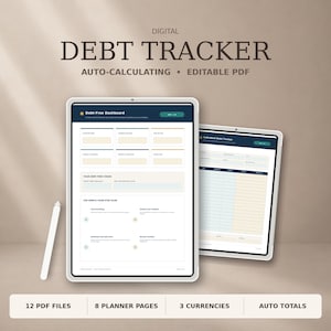 May include: A digital debt tracker displayed on two tablets with a stylus. The screen shows a Debt-Free Dashboard and an Individual Debt Tracker with fields for financial planning. Text includes DIGITAL DEBT TRACKER, AUTO-CALCULATING, and EDITABLE PDF.