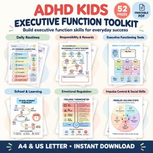 Może przedstawiać: 52-stronicowy zestaw narzędzi w formacie PDF do druku, wspierający funkcje wykonawcze u dzieci z ADHD, zawierający kolorowe arkusze do planowania codziennych rutyn, śledzenia obowiązków, zarządzania zadaniami oraz regulacji emocji.