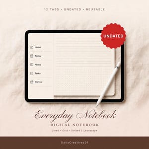 May include: A digital tablet displaying a landscape-oriented notebook interface with a sidebar containing Home, Today, Notes, Tasks, and Planner icons. The screen features a cream-colored page with lined and dotted sections, a white stylus, and a red badge reading UNDATED.
