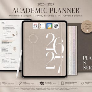 May include: A digital academic planner for 2026-2027 displayed on tablets with a stylus. The cover features large white numbers 26 27 on a beige background. Includes monthly tabs, a daily gratitude page, and a bonus sticker set for organization.